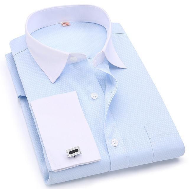 Men French Cufflinks Shirt 2018 New Pink Jacquard Fabric Men's Long Sleeve Casual Male Shirts French Cuff Dress Shirts 4XL