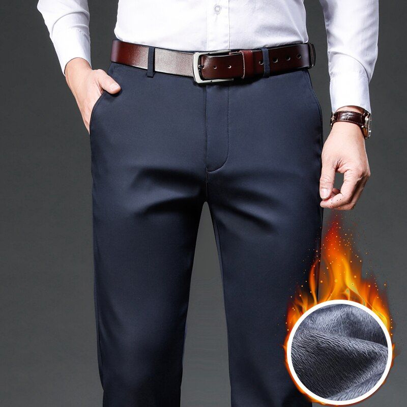 winter brand fleece thick warm fit straight trousers business casual men's high waist lyocell classic pants