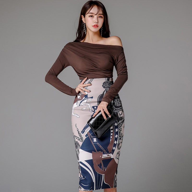 Impression Women gant Korean Slim  Knitting Slash Shoulder Blouse with Floral Bodycon Skirt 2 Pieces Suit