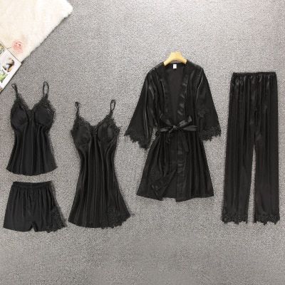 Women's Pajamas Silk Floral Overall Print 5Pcs Pajama Set Satin Pyjamas y Lace Pijama Nightie Sleepwear Home Clothes