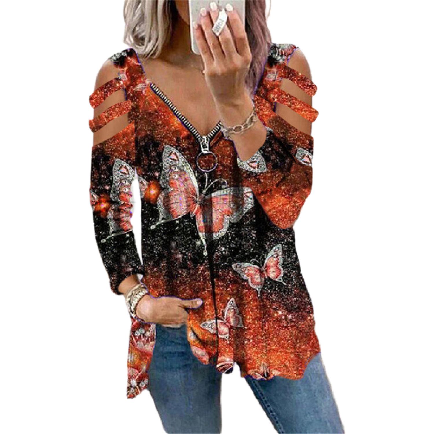 Women Top Butterfly Print Shiny Sequins Sexy Autumn Shirt