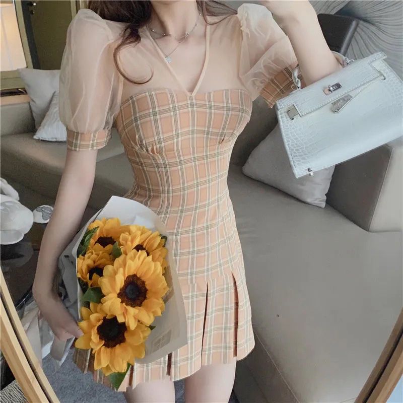 Women Dress Sweet Mesh Yarn Puff Sleeve V-neck Short-sleeved Plaid Skirt color