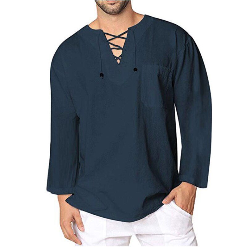 White Cotton Linen Shirt Men 2020 Brand New Long Sleeve Casual Lace Up Shirts Mens Lightweight Breathable Top Blouse Chemise 3XL