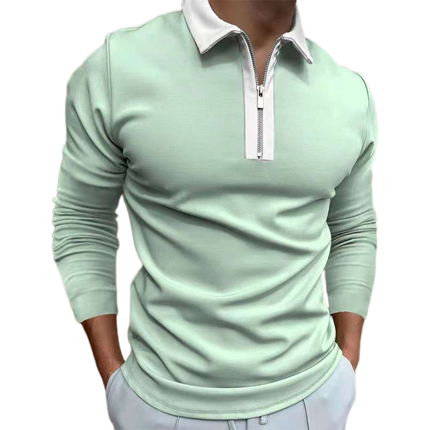 Men T-shirt Skinny Contrast Color Turndown Collar T-shirt