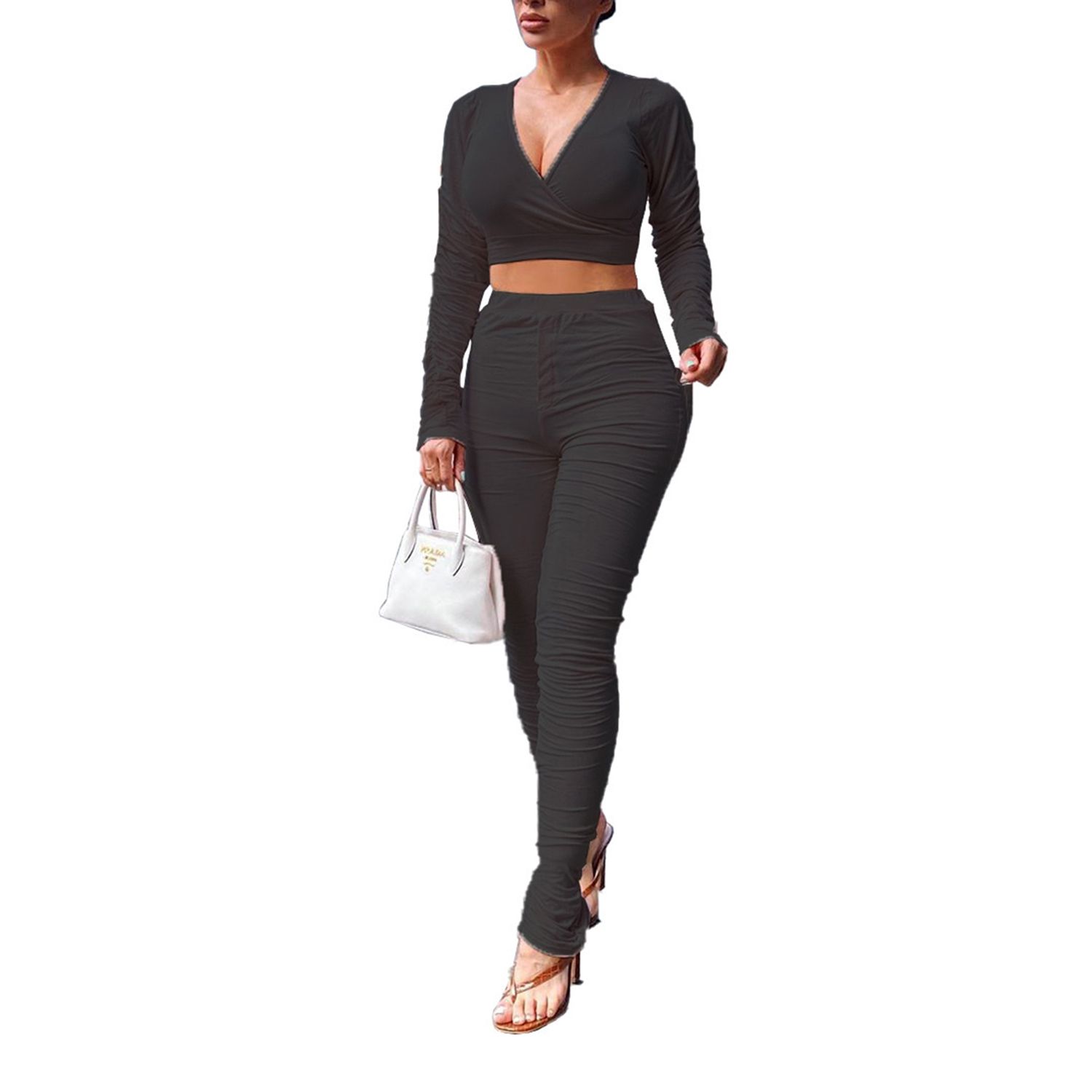 Women 2-piece Outfit Set Long Sleeve V-neck Ruched Top and Pants Set for Ladies Female