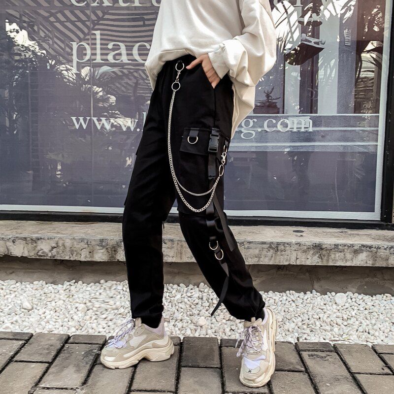 Women Men Cargo Pants Chain Pockets Ankle Trousers High Waist Chain -hop Punk Black Harem Pants Streetwear