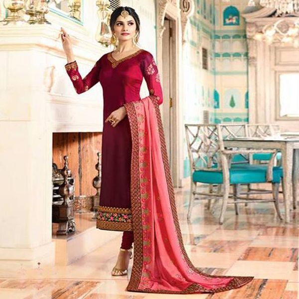 Fashionable Unstitched Red Georgette Embroidery Work Salwar kameez For Women