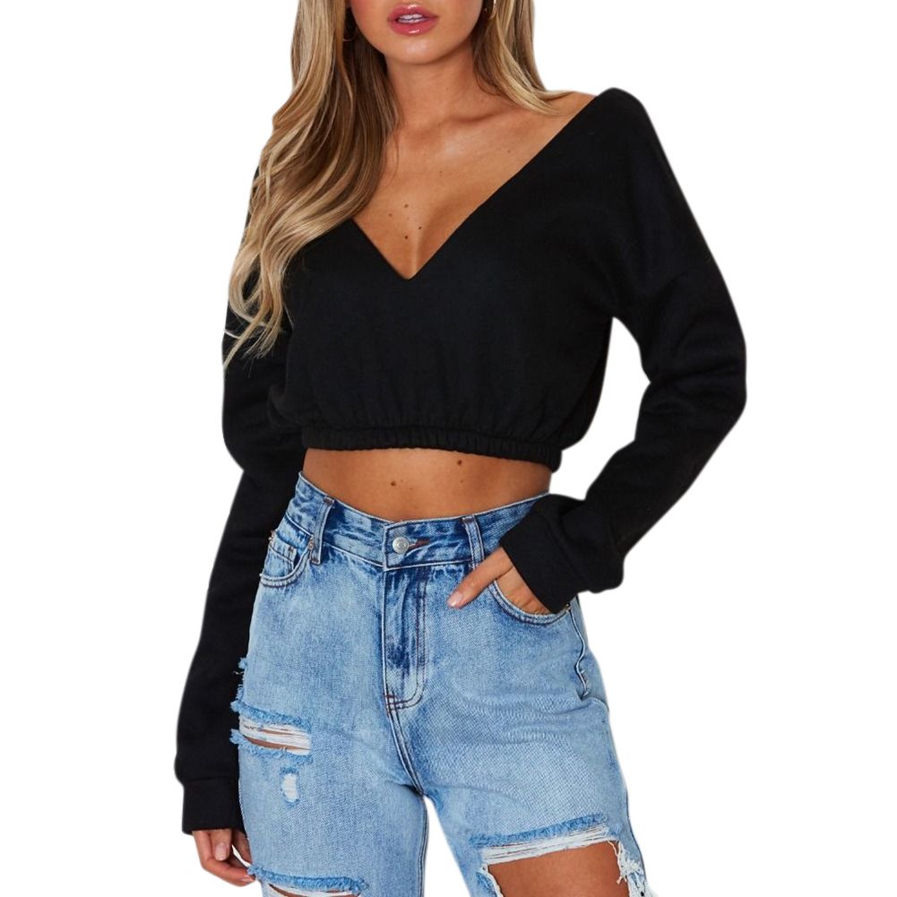 Women Fashion Solid Color Long Sleeve Sweatshirt  V-neck c Short ops