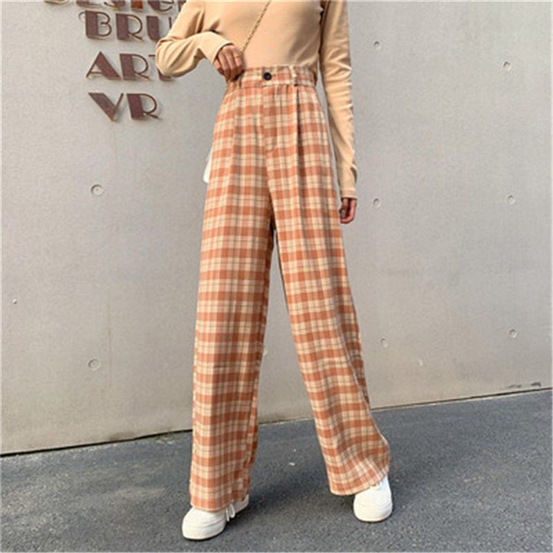 Casual Loose Wide Leg Long Pant Autumn Blue Plaid Straight Pants Women Button Oversized Korean Pant Streetwear