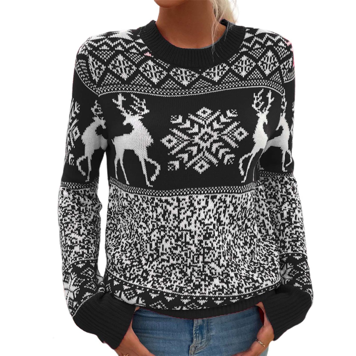 Pullover Sweater Round Neck Snowflake Print Festive Xmas Sweater