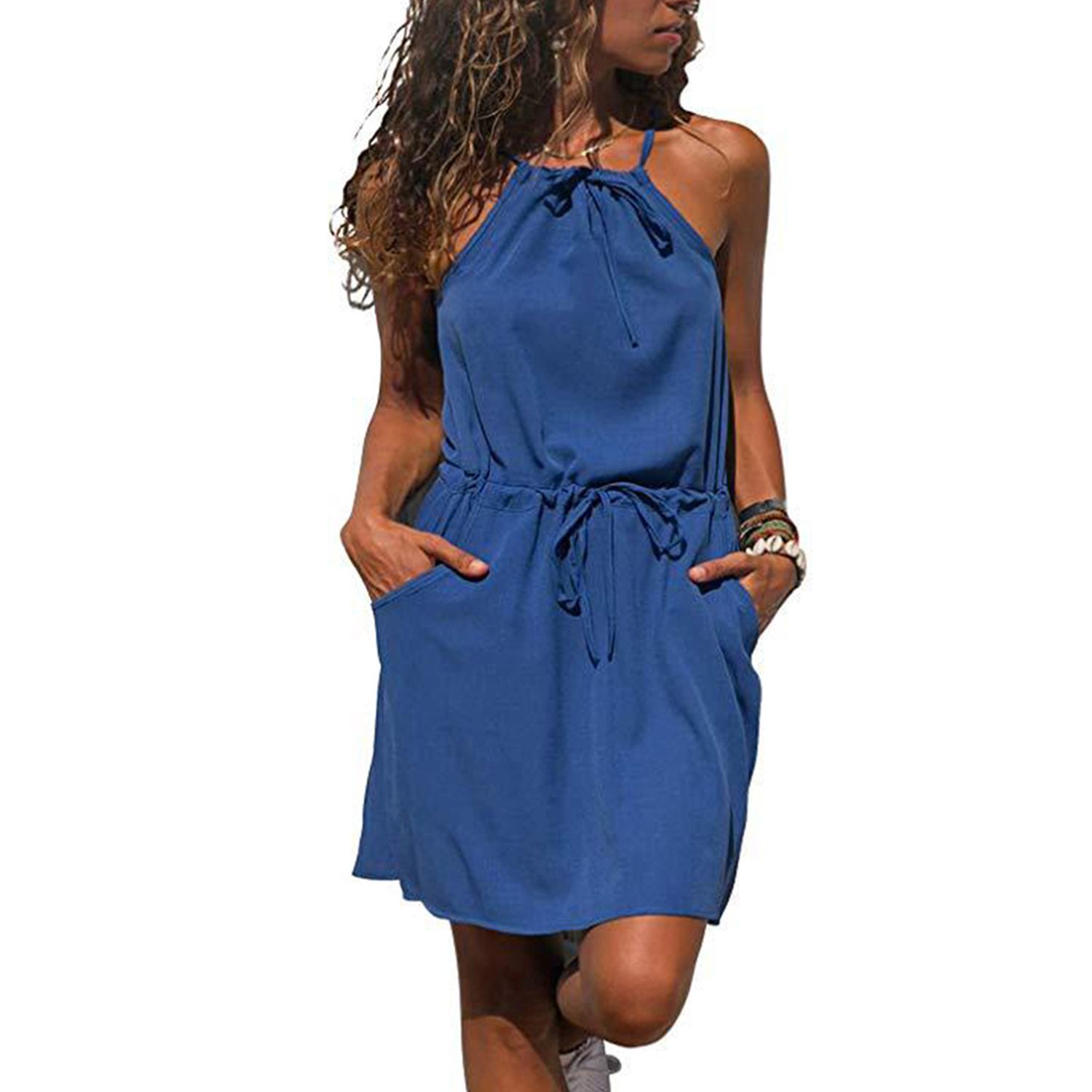 Ladies Summer Suspender Dress Solid Color Sleeveless Knee Length Skirt Women Simple Style High Waist Lace Up Dress for Shopping Travel Vacation