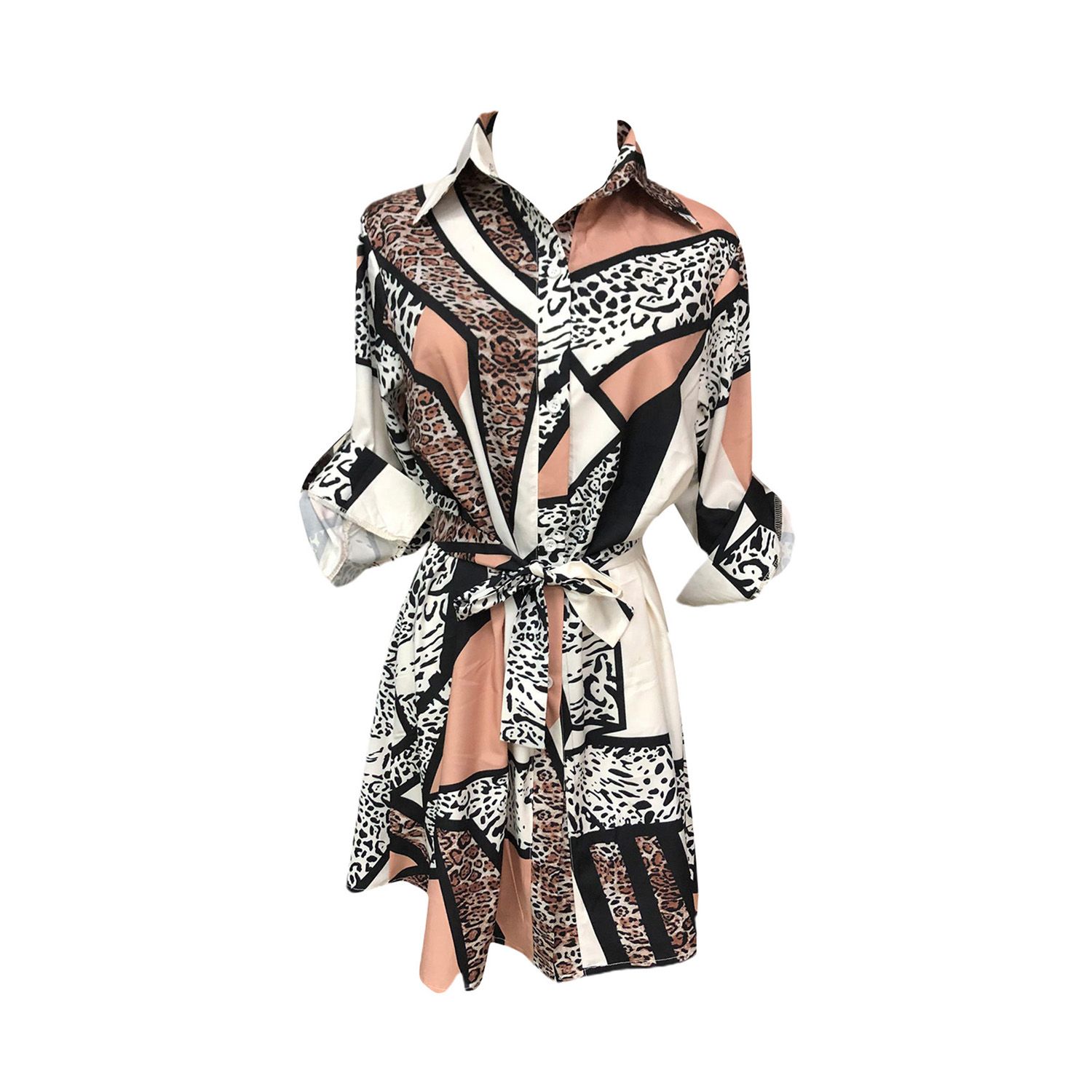2021 Women Animal Printed Shirts Dress, Tie Waist Roll up Sleeve Buttons Down Pleated Dress