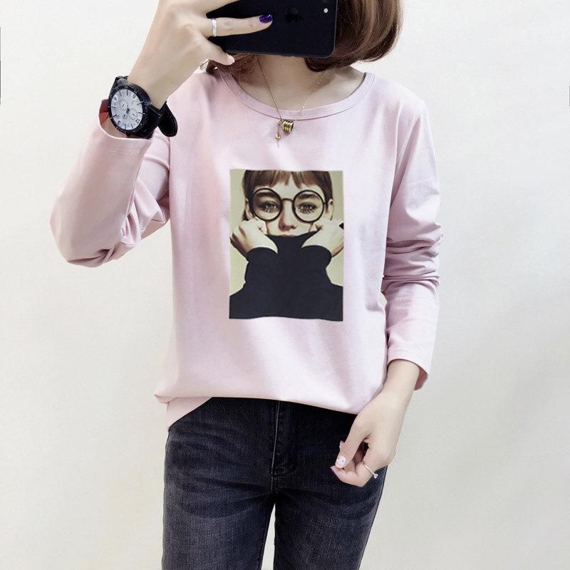 Korean Fashion Spring And Autumn Korean Round Collar Long Sleeve T-Shirt Female Student Print Alphabet Thin Top Plus Size Bottom Shirt