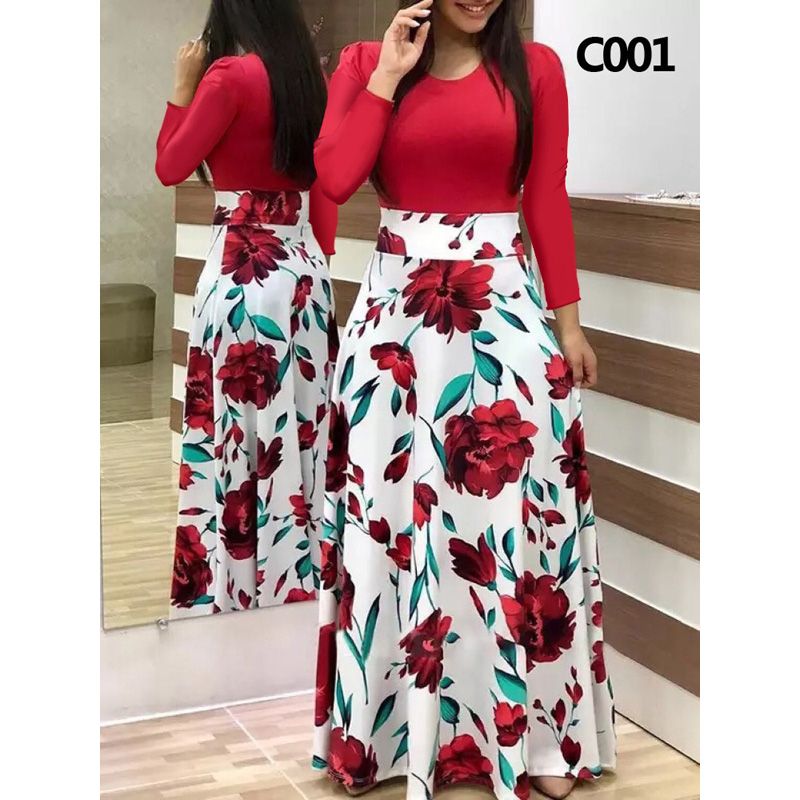 Ladies Summer Long Dress Printed Splicing Floral Banquet Round Neck Short Sleeve Tight Dress Elegant  Woman Long Dress Xl