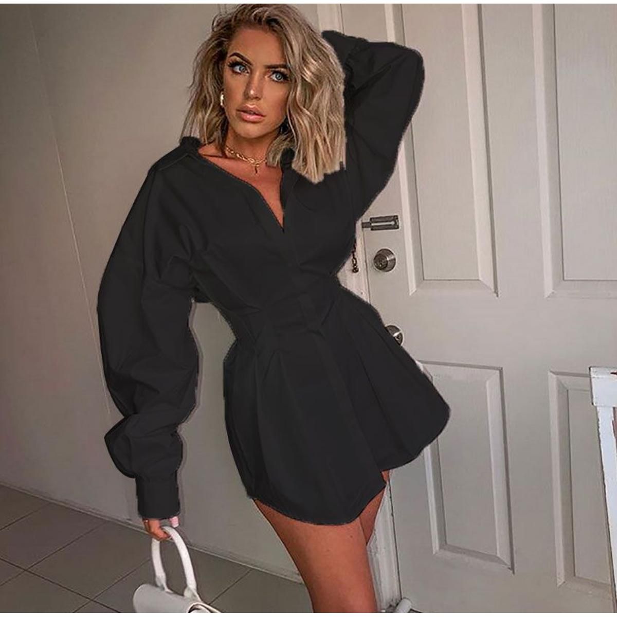 Women Pre-Autumn Shirt Mini Dress Deep V Neck Button Down Lantern Long Sleeve Blouseoomph Solid Color Office Wear