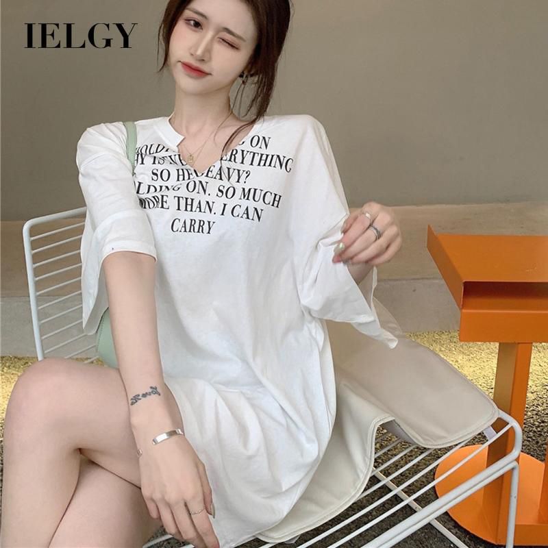 IELGY T-shirt women 2021 new summer slim loose thin V-neck mid-length short-sleeved top
