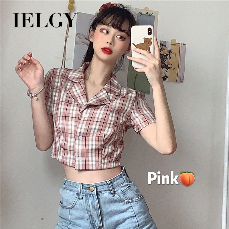 IELGY short purple shirt blouse summer short-sleeved niche lightly exposed waist V-neck plaid shirt
