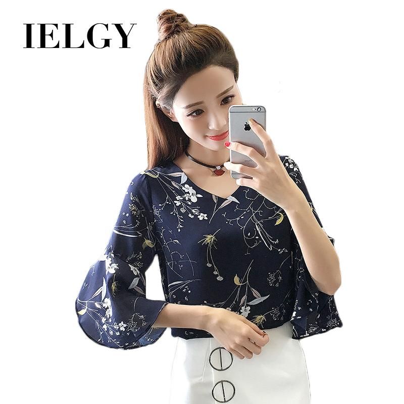 IELGY Floral Chiffon Shirt Women's Summer Wild Trumpet Sleeve Top