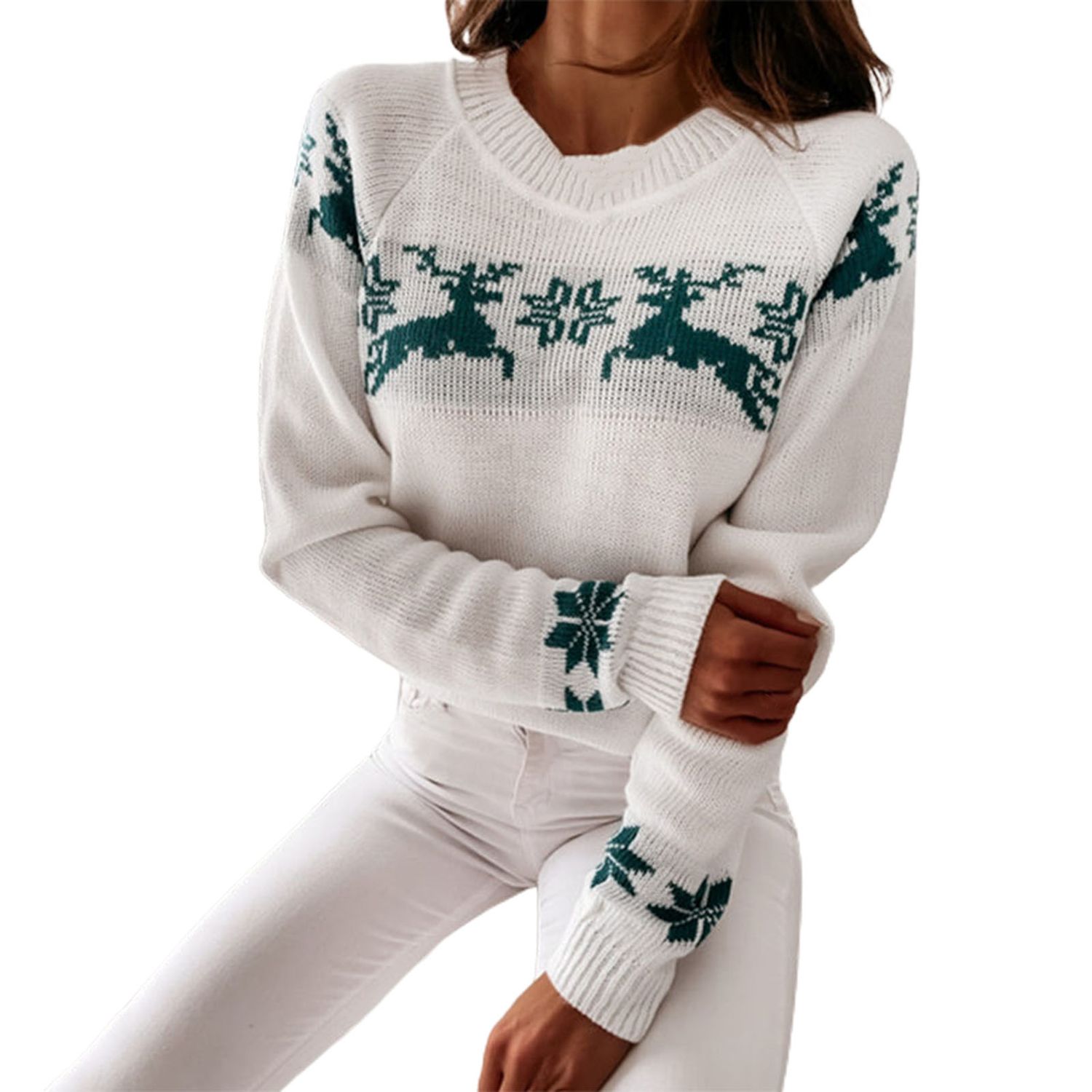Women Sweater Long Sleeve Snowflake Print Jacquard Xmas Sweater