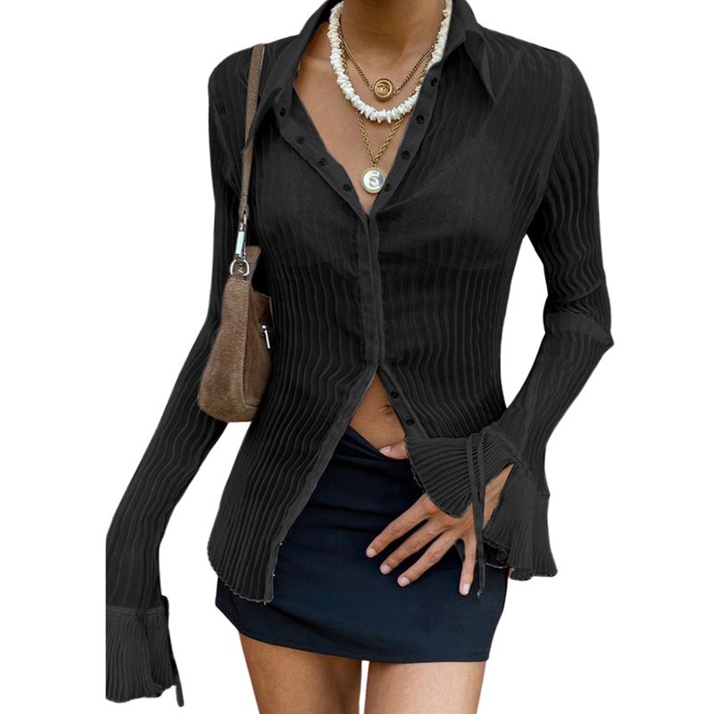 Autumn Ladies Temperament Ruched Shirt, Retro Style Solid Color Perspective Flare Long Sleeve Lapel Single-breasted Slim Tops