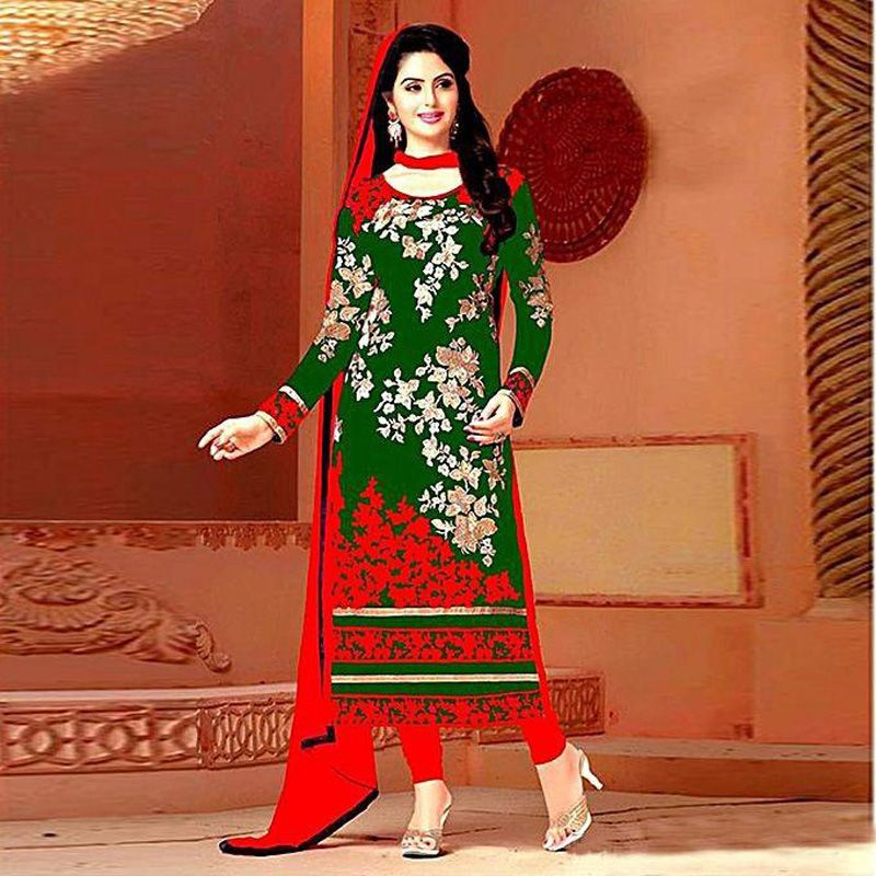 Unstitched Green and Red Cotton Salwar Kameez