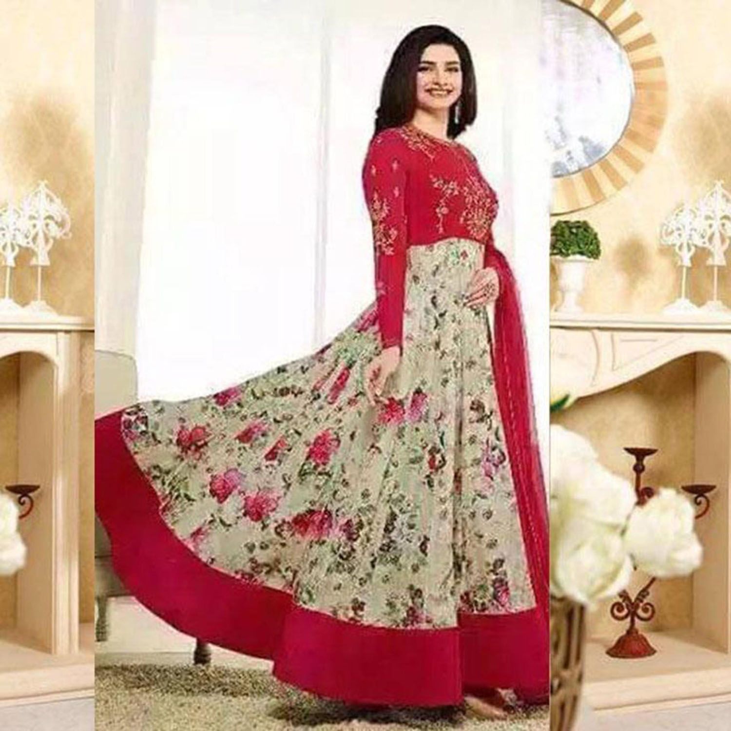 Exclusive Unstitched Maroon and Cream Georgette Gowen For Women