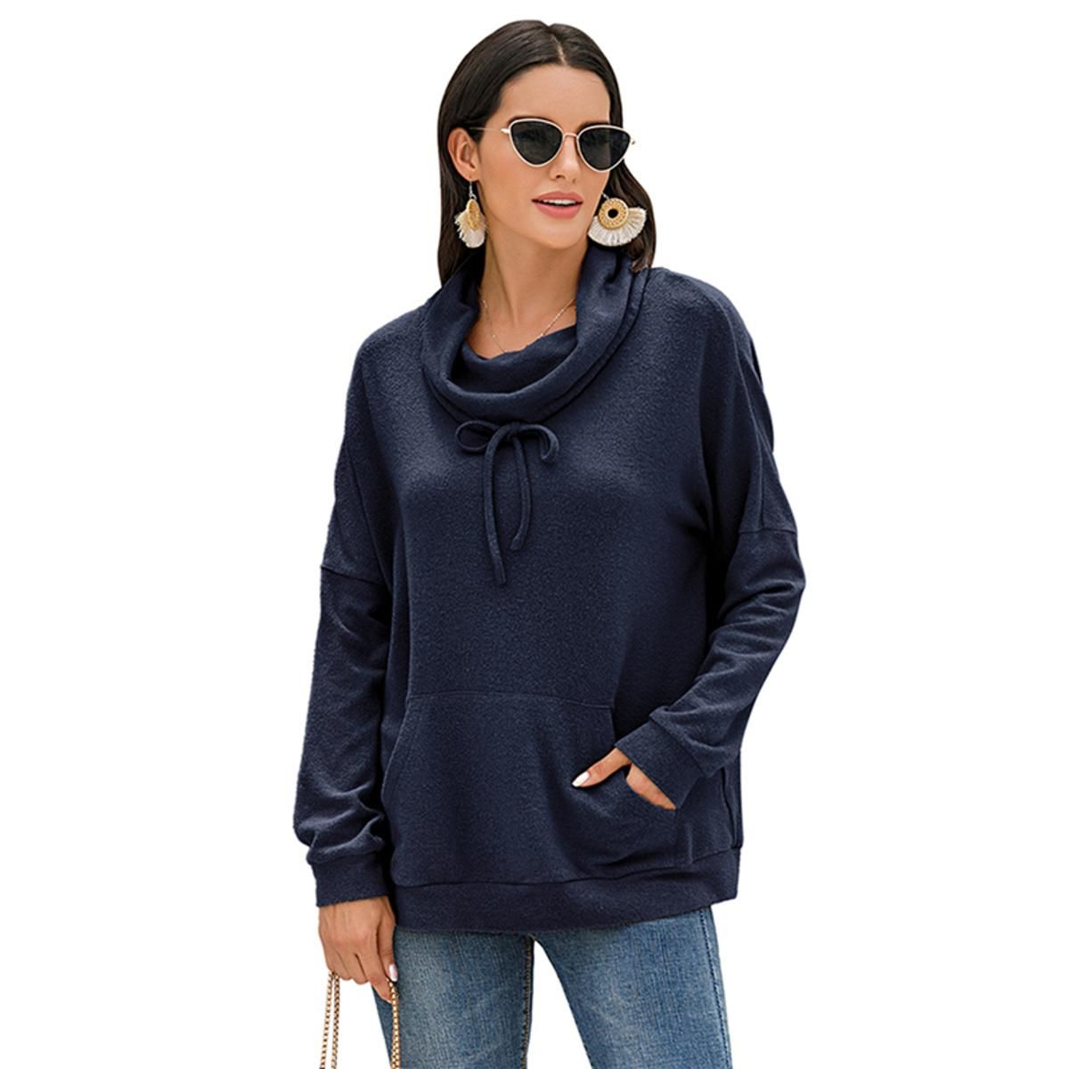Women's Draped Turtleneck Sweatshirts, Long Sleeve Casual Loose Solid Color Pullover Tops