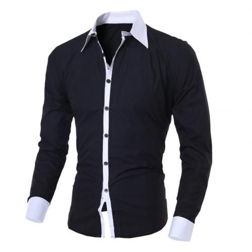 Shirt Business Men Turn Down Collar Long Sleeve Color Block Cotton Prom Slim Shirt