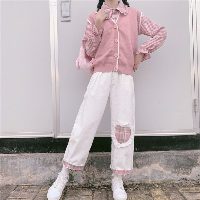 Japanese Kawaii Pink Corduroy Pants Women Soft Girl Plaid Wide Leg White Trousers For Female Love Heart Patchwork Cute