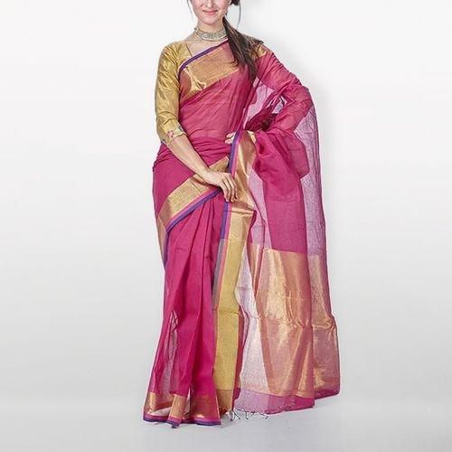 Magenta and Golden Dhanshiri Tant Cotton Saree For Women