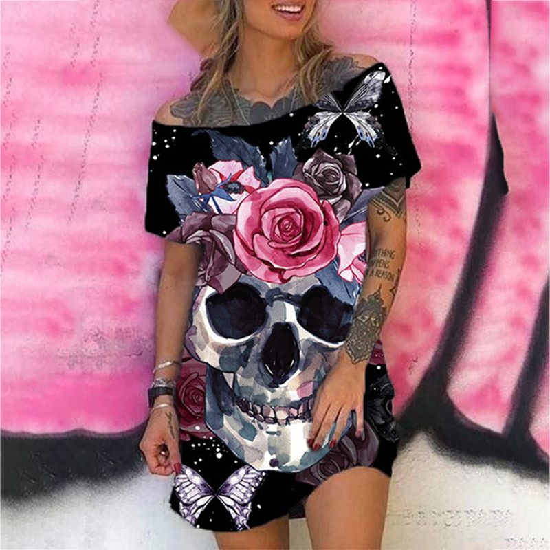 Summer Dress 2021 Skull Print Dresses for Women Gothic Short Sleeve Dress Off Shoulder Loose Tank Dress Plus Size