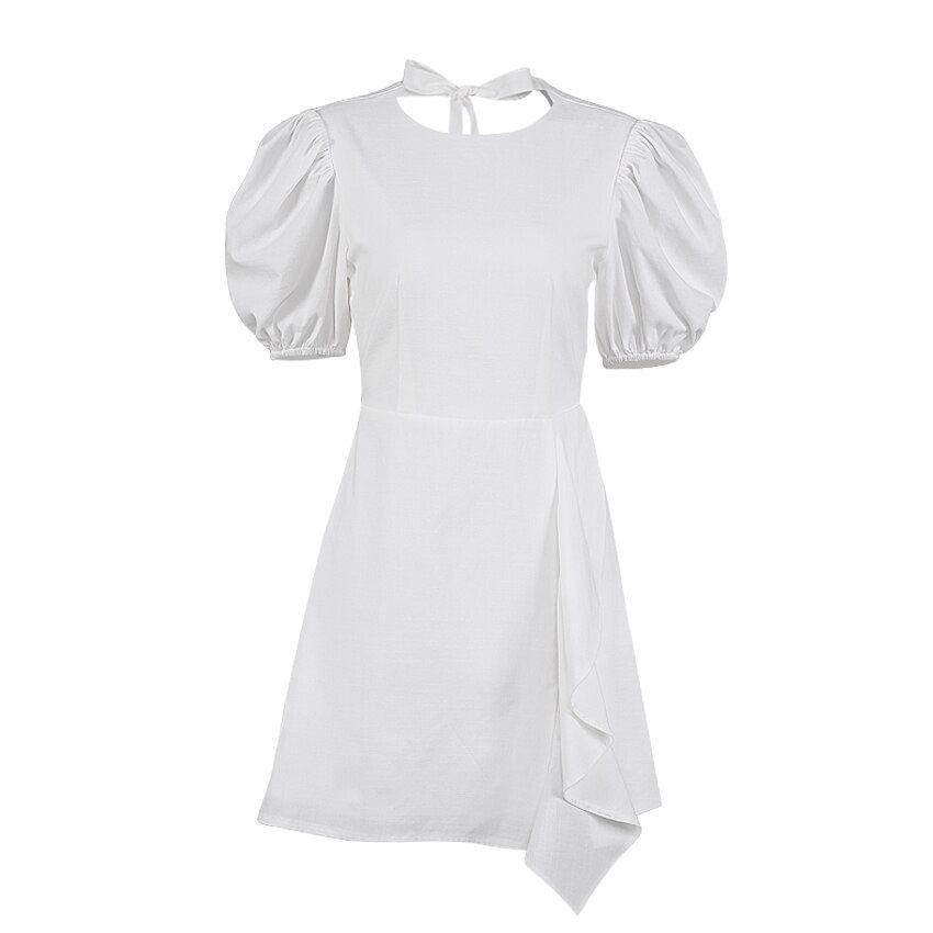 O-Neck Open Back Women Dress Puff Sleeve Green Solid Casual Summer Ladies White Lace Up Asymmetry Short Dresses Cotton