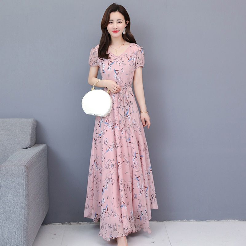 boho clothing korean dresses for women 2021 fashion Chiffon short sleeve holiday beach Vintage floral Long dress yellow elegant