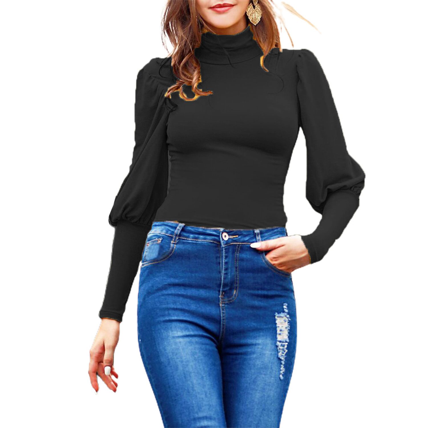 Women Blouse Stretchy Half High Collar Puff Sleeve Sexy Top