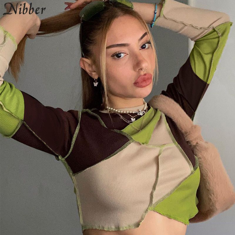 Nibber 2021Round Neck Contrast Patchwork Long Sleeve  Crop Tops Autumn Winter Women Fashion Streetwear Outifts Short T-shirt