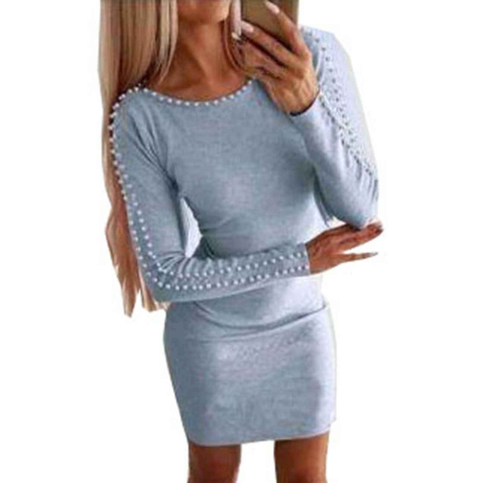 Casual Dress Round Neck Beads Decor Solid Color Slim Women Dress