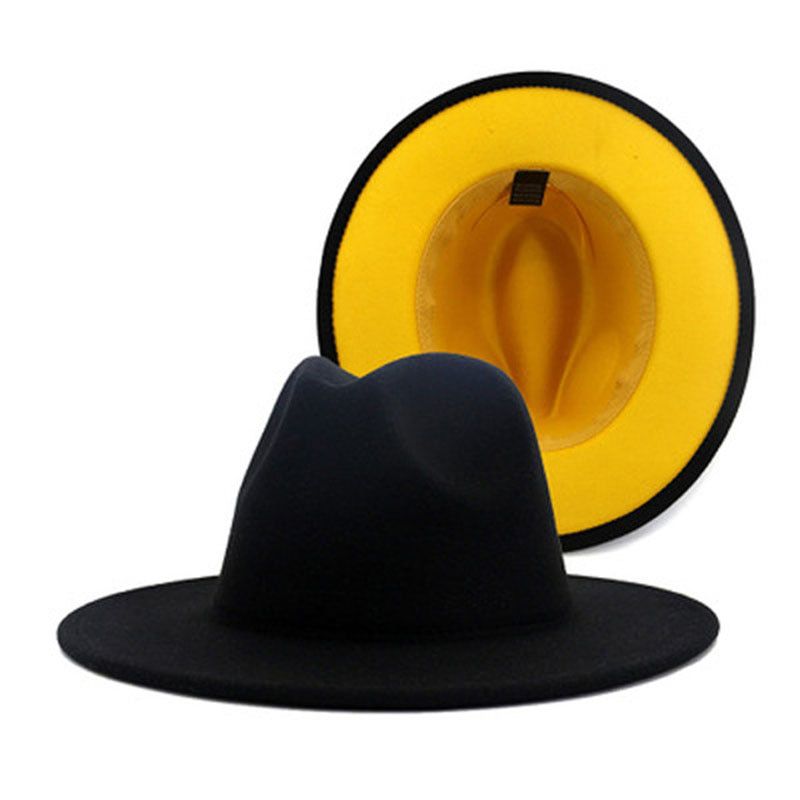 Black and Red Plaid Bottom Patchwork Wool Felt Jazz Fedora Hats for Women Men Wide Brim Two Tone Party Wedding Formal Hat Cap