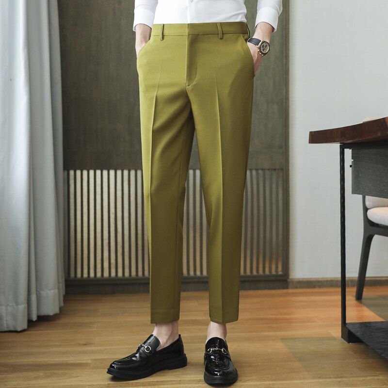 High Quality Korean Summer Solid Drape Suit Pants Men Clothing 2022 ple Slim Fit Ankle Length Office Trousers Formal Wear 36