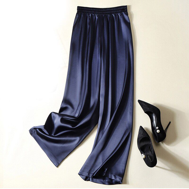 Summer Women Wide Leg Pants High Waist Casual Trousers Streetwear Black Silk Satin Pants Elegant Long Palazzo Pants