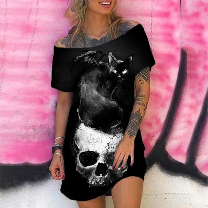Gothic Skull Floral Print Y2k Dress Women Plus Size Fashion Casual Short Sleeve Punk Off TShoulder Mini Dresses 2020 Summer