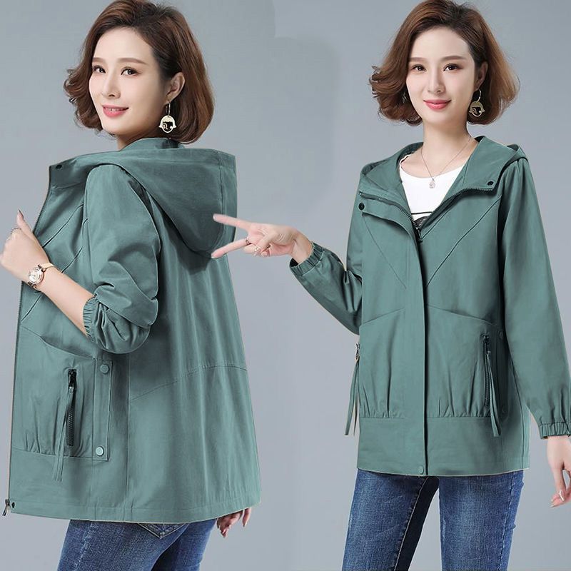 Women's Jacket With Lining Spring Autumn New Hooded Casual Windbreaker Coat All-match Plus Size Female Loose Outerwear