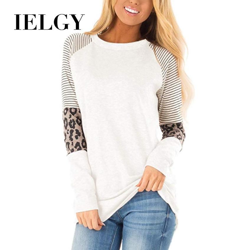 IELGY new women's leopard round neck long sleeve contrast color shirt T-shirt