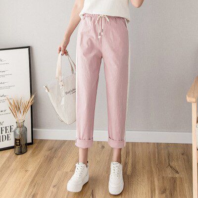 Women Casual Long Ankle Length Trousers Summer Autumn Large Solid Elastic Waist Cotton Linen Pants Black Pants