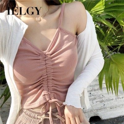 IELGY retro Korean chic wind multicolor threaded low neck waist drawstring vest wild solid color slim suspenders