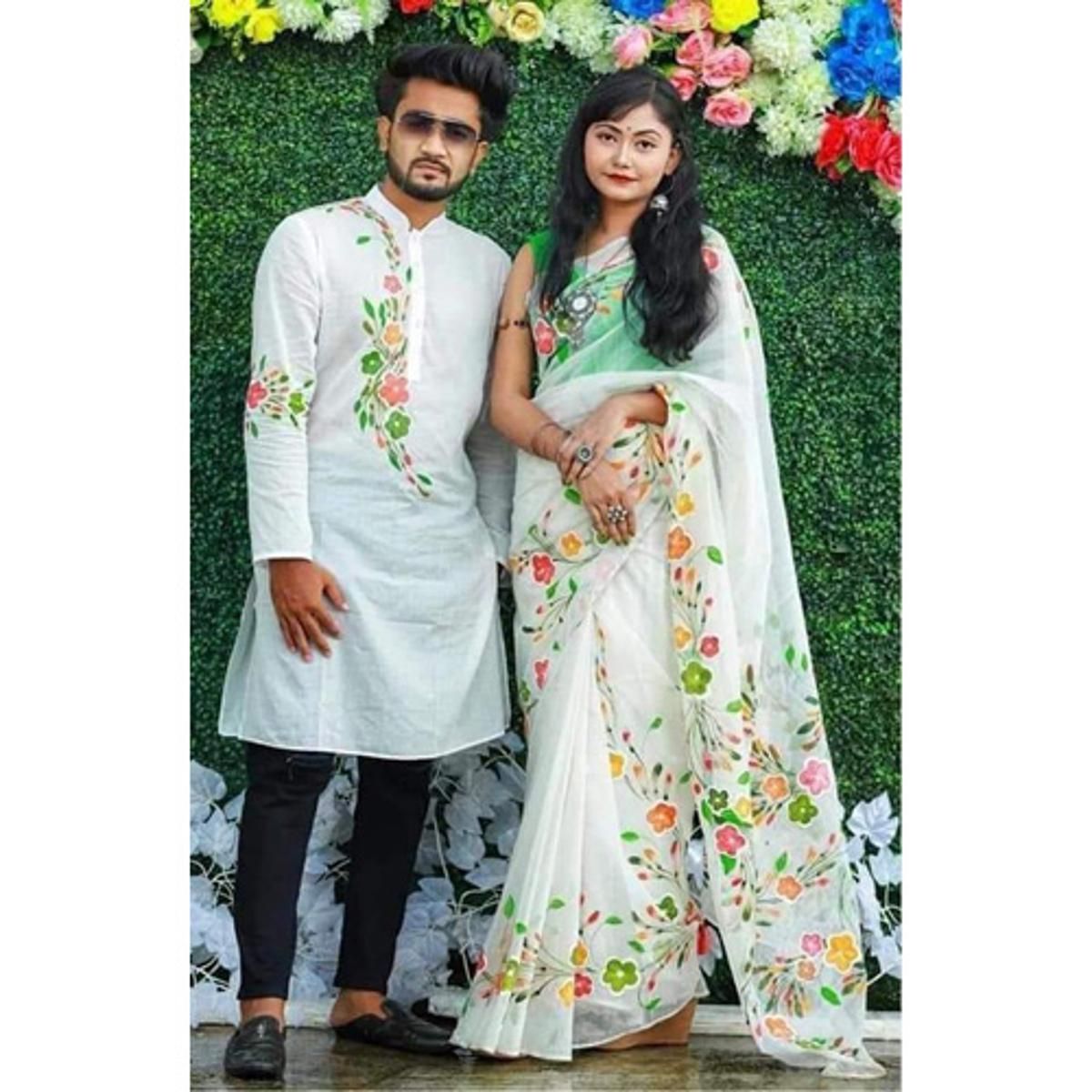 Exclusive Designer Half Silk Hand Print Saree And Dhupian Panjabi Combo Couple For Women