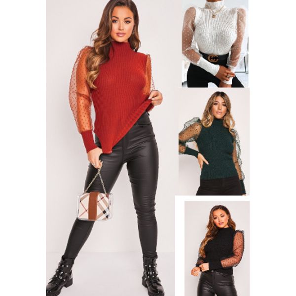Trendy Women Polka Dot Puff Sleeve Pullover Lace Stitching Base Shirt  Knitted Tops