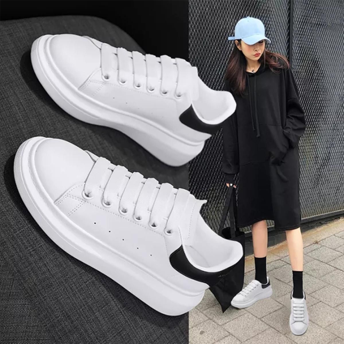 Sneakers Shoes for Women Korean Rubber Shoes White Lace-up Sport Shoes