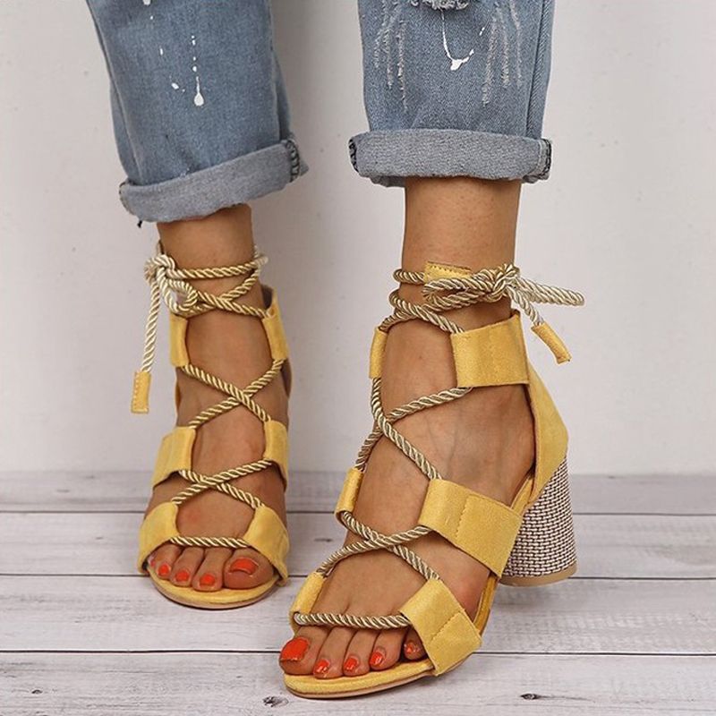 Women Shoes Openwork Color Block Hemp Lace Up High Heels