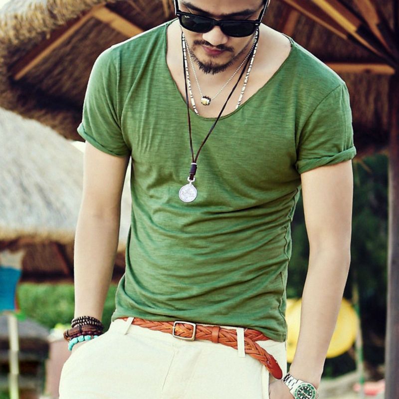 Men's Exclusive Pretty Tops V Neck T Shirts Stunning Cut Off Border Summer Style #Q001