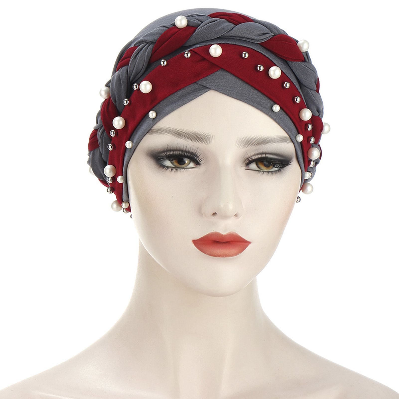 Braided Dual Color Turban Cap Women Faux Pearl Decor Headscarf Hair Accessories